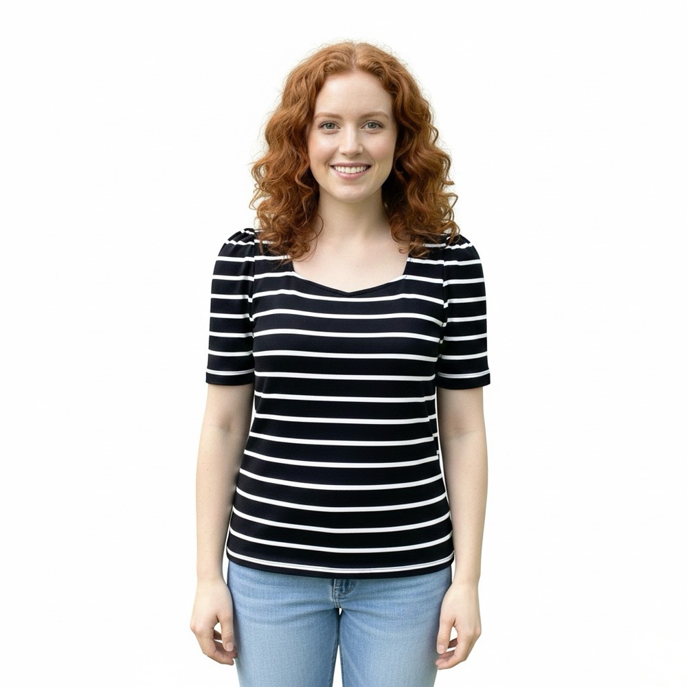 Worthington Striped Puffy Sleeve Shirt V Neck Size Large
